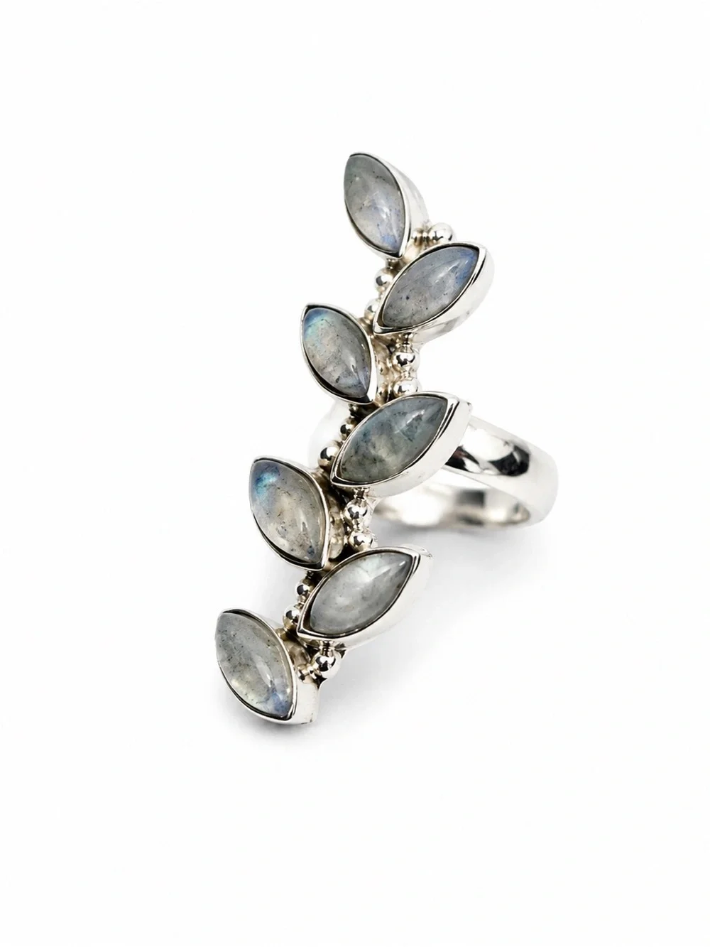 Sterling Silver Marquise Moonstone Cluster Ring - Blue Flash